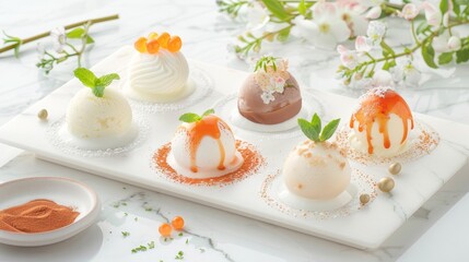 Elegant dessert presentation with a variety of beautifully decorated sweet treats on a white platter, garnished with greenery and flowers.