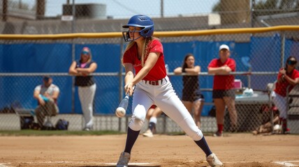 Obraz premium action shot of female softball player swinging a bat.
