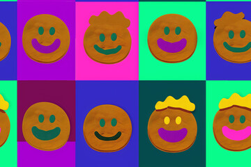 Fototapeta premium colorful vector seamless pattern of quirky happy faces, vibrant pop colors, awful design