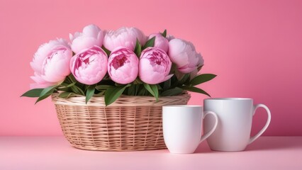Obraz premium Flower basket with peonies, gift box and coffee mug on pastel pink background. Happy Mothers Day, International Women's Day, female birthday concept