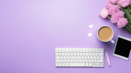 workspace with keyboard, coffee cup, notebook, flowers on pastel purple background