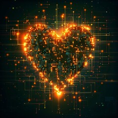 Obraz premium A glowing heart shape composed of digital circuitry and glowing lines. The abstract design evokes themes of love, technology, and connection.