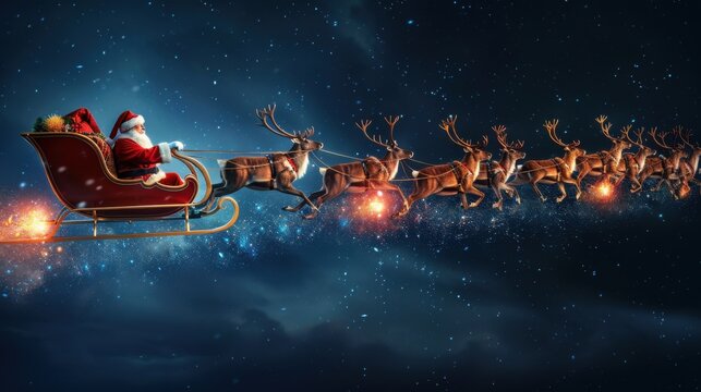 Santa Claus is flying on a sleigh pulled by reindeer across a starry night sky, illuminated by a magical glow. - Powered by Adobe