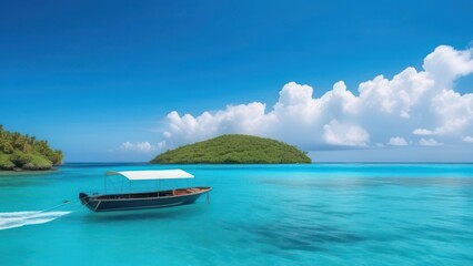 Obraz premium Boat in turquoise ocean water against blue sky with white clouds and tropical island