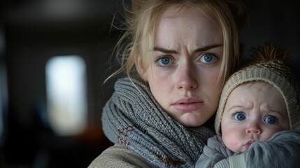 A young mother with postpartum depression looks concerned as she holds her baby close while both wear winter clothes.
