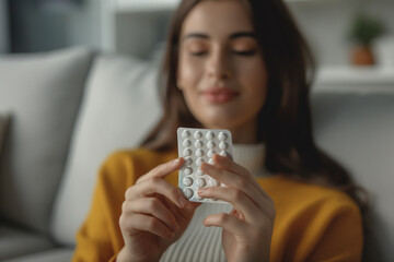 Young woman holds hormonal oral contraceptives in her hands, takes pharmaceutical drugs for prevention, safe viral sexual disease, Pregnancy contraception, menstruation concept, birth control pills