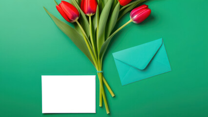 Composition with tulips and envelope with blank card on green background. Happy Mother's Day, International Woman's Day concept. 