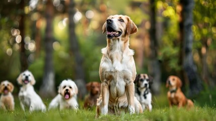 A group of dogs sitting in a grassy field, with a golden retriever in the front looking up.