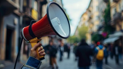 A hand holds a megaphone in a crowded city street,  the blurred background suggests a protest or gathering.