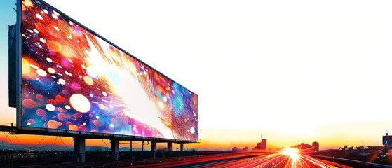 A large digital billboard with colorful abstract design, against a sunset background.