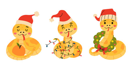 Set of cartoon cute snakes isolated on white background. Little child snake characters.