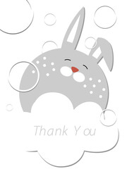 Childrens cute greeting card with bunny. Template for invitation in paper style. Thank you card