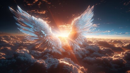 A cinematic depiction of celestial angel wings amidst a heavenly sunset, with light breaking through the clouds creating a divine and ethereal scene.