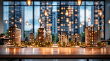 Fototapeta premium A detailed scale model of a modern real estate development is displayed on a wooden table, set against the backdrop of a cityscape illuminated with numerous lights.