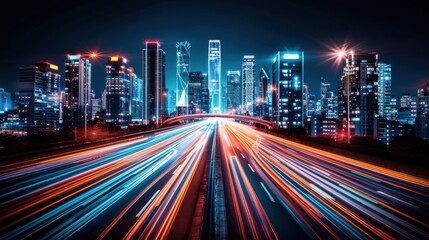 Fototapeta premium A mesmerizing cityscape at night, featuring dynamic light trails from moving vehicles, creating a vibrant, futuristic ambiance with tall skyscrapers in the background.