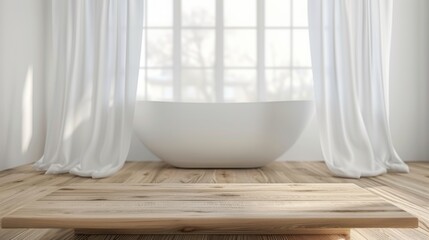A modern white bathroom features a sleek, freestanding bathtub in front of a large, white curtained window. The wooden table top in the foreground adds a rustic touch.
