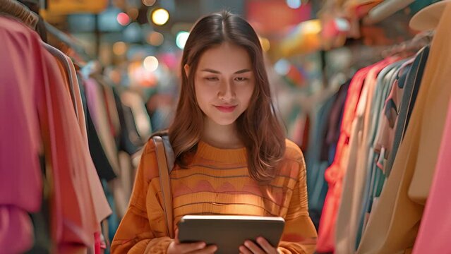 The proprietor of a tiny, home-based SME fashion store, a young, gorgeous, hipster Asian woman, uses a digital tablet to check the stock of garments or package boxes on the rail rack.