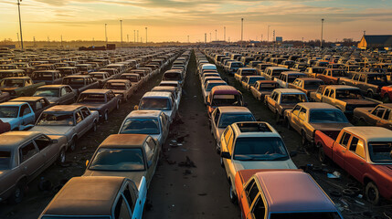 Panoramic shot of endless rows of damaged vehicles lined up at dusk in an auto salvage facility for spare parts recovery.
