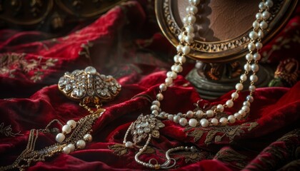 Obraz premium A pearl necklace and jeweled brooch lay on a red velvet cloth next to a vintage vanity mirror.