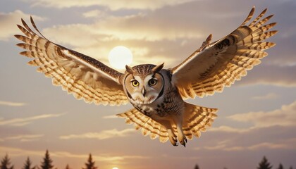 side view of owl flying with wings open at sunset, looking at camera, copy space for text, ad shot
