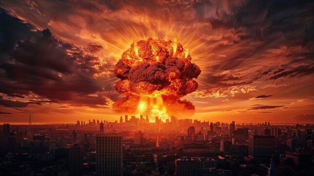 A dramatic depiction of a nuclear explosion in a city, showcasing a massive mushroom cloud against a dark, ominous sky, representing destruction and chaos.