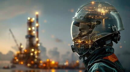 Double exposure of an engineer wearing a safety helmet, overlaid with an image of an oil drilling platform, creating a blend of human presence and industrial machinery.