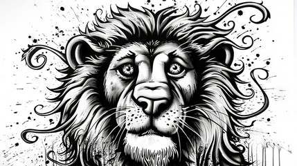 Obraz premium Black-and-white sketch of a lion's head with a splash of color