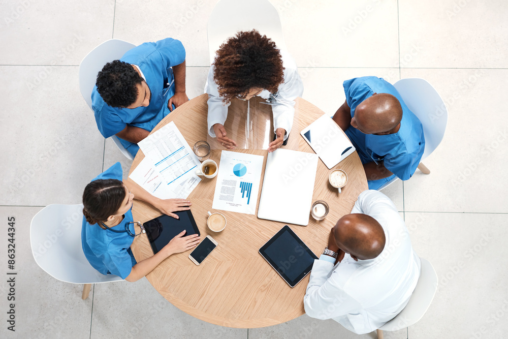 Canvas Prints Doctors, team and paperwork for healthcare in hospital, collaboration and top view of table. Employees, communication and documents for surgery agenda, solidarity and brainstorming for treatment plan