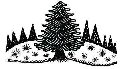 Obraz premium Christmas tree on snowy hill with trees & snowflakes