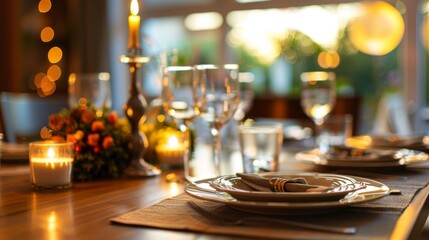 A beautifully set dining table with elegant glassware, plates, and candles, creating a warm and inviting atmosphere for a special meal.