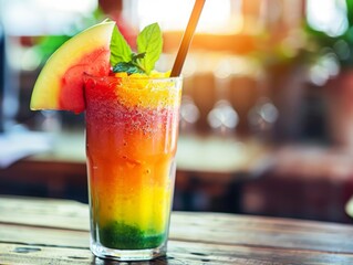 A refreshing watermelon smoothie with mint garnish, layered with different colors, sitting on a wooden table in a cafe.