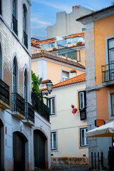 Colorful buildings street view in the Lisbon city, Portugal.
