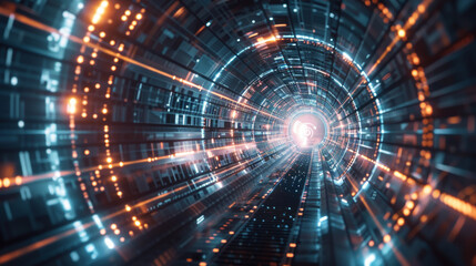 A glowing portal shines in a dark tunnel filled with digital light. This futuristic scene symbolizes the gateway to a cyber world where technology and imagination collide.