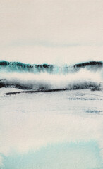 Ink watercolor hand drawn smoke flow stain blot landscape on wet grain paper texture background. Beige, blue colors.