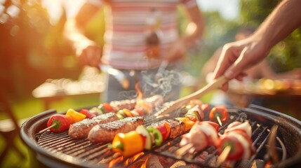 Naklejka premium Friends enjoying a barbecue on 4th of July, grilling delicious food including sausages and vegetable skewers on a sunny day.