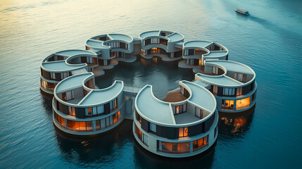 Circular Modern Apartment Block Floats on Calm Water Surface, Aerial View. Sustainable Innovative Architecture, Futuristic Decentralised City, Ocean Rise Urban Planning, Climate Change, Global Warming