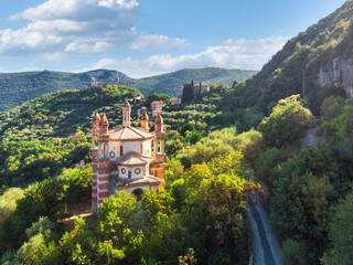 Obraz premium Aerial view of the our lady of Loreto church, Valley of Finalborgo, Finale Ligure, Savona province, Liguria, Italy