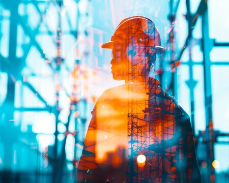 A silhouetted construction worker stands in front of a scaffolding, with a city skyline superimposed over their image.