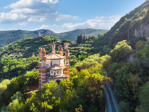 Aerial view of the our lady of Loreto church, Valley of Finalborgo, Finale Ligure, Savona province, Liguria, Italy