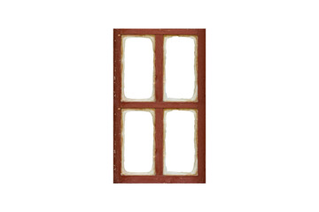 Old minimalist brown wooden window frame with four sashes isolated on transparent background.