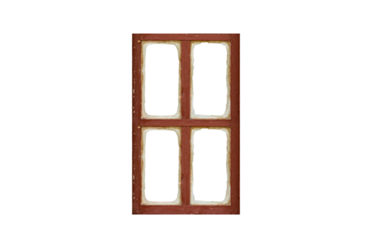 Old minimalist brown wooden window frame with four sashes isolated on transparent background.