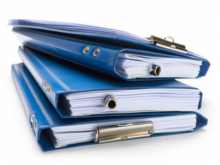 A stack of three blue binders with white papers inside, isolated on white background.