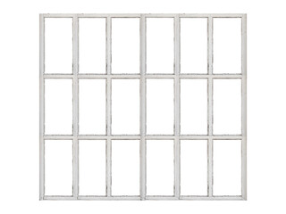 Old white wooden window frame with many sashes isolated on transparent background.	
