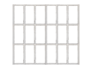 Old white wooden window frame with many sashes isolated on transparent background.	