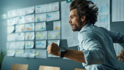 An individual running across a conference room with charts and schedules pinned on the walls, embodying the intensity and commitment in a corporate setting.