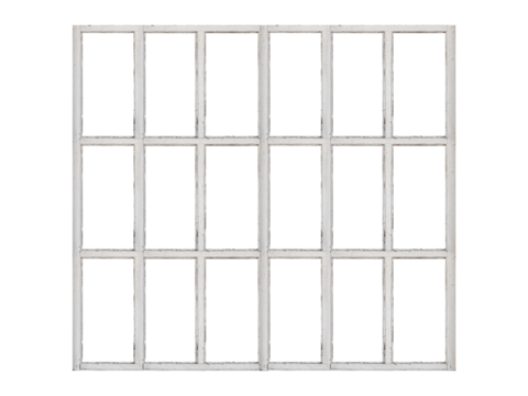 Old white wooden window frame with many sashes isolated on transparent background.	