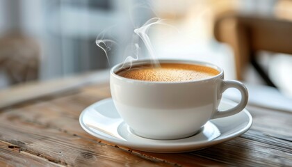 Obraz premium A steaming cup of coffee on a rustic wooden table, perfect for a cozy morning or afternoon break.