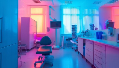 Fototapeta premium A sterile medical examination room bathed in blue and pink neon light.