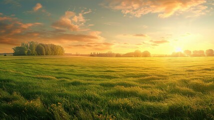 Obraz premium A beautiful, colorful, rustic pastoral landscape with lush green fields under a vibrant summer sunset, highlighting the serene countryside scenery.