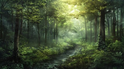Fototapeta premium A sunlit path winds through a lush, green forest, with ferns lining the banks of a small stream.